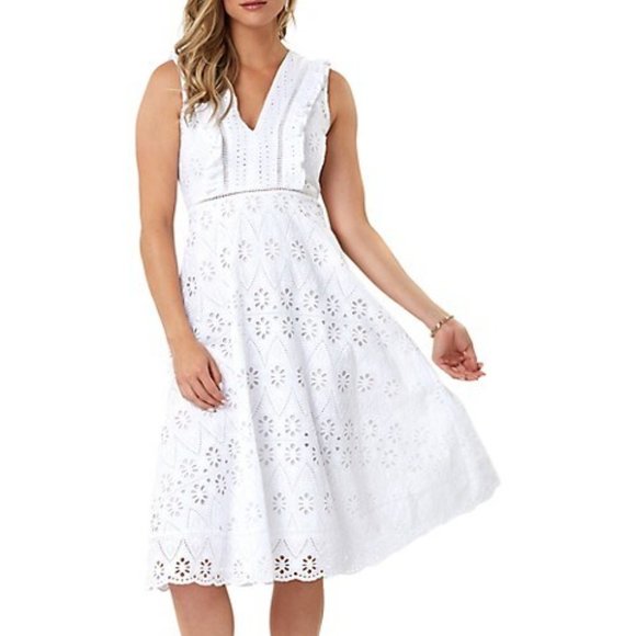 ABS Allen Schwartz Dresses & Skirts - ABS white ruffled V-neck Dress BNWT size 6 eyelet